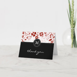 Floral Red Black Monogram Thank You Card