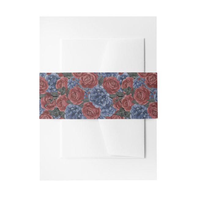 Floral Red & Blue Flower Wedding Invitation Belly Band (Front Example)