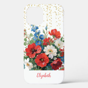 Floral Red Blue Gold Glitter Wildflowers iPhone 12 Pro Case