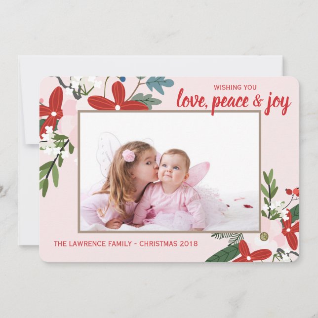Floral Red Blush Pink Christmas Holiday Photo Card (Front)