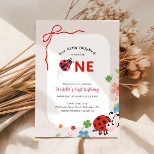 Floral Red Bow Little Ladybug Bug 1st Birthday Invitation