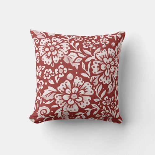 Floral Red Brick Foliage Bold Flower Damask   Throw Pillow