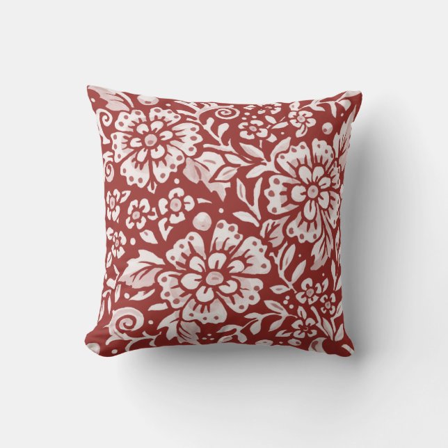 Floral Red Brick Foliage Bold Flower Damask   Throw Pillow (Front)