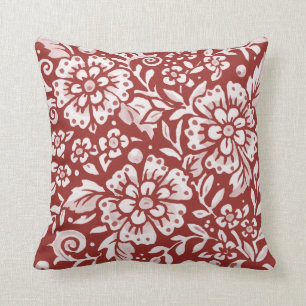 Floral Red Brick Foliage Bold Flower Damask Throw Pillow