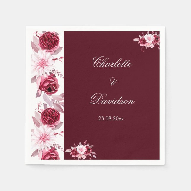 Floral Red Burgundy Blush Pink Watercolor Wedding Napkins (Front)