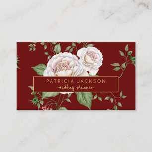 Floral Red Burgundy Gold Script Wedding Planner Business Card