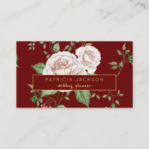 Floral Red Burgundy Gold Script  Wedding Planner Business Card