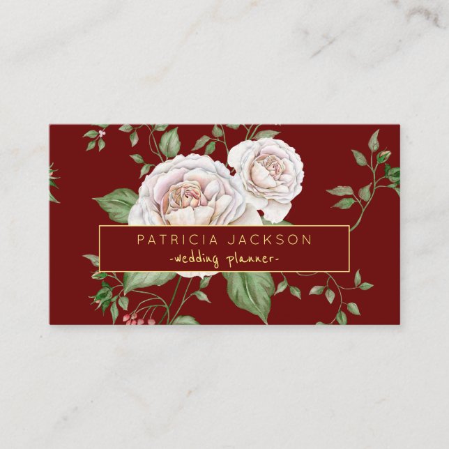 Floral Red Burgundy Gold Script | Wedding Planner Business Card (Front)