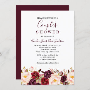 Floral Red Burgundy Marsala Wedding Couples Shower Invitation