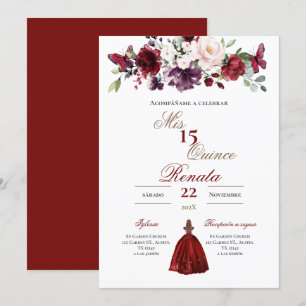 Floral Red Burgundy Quinceañera Invitation Spanish