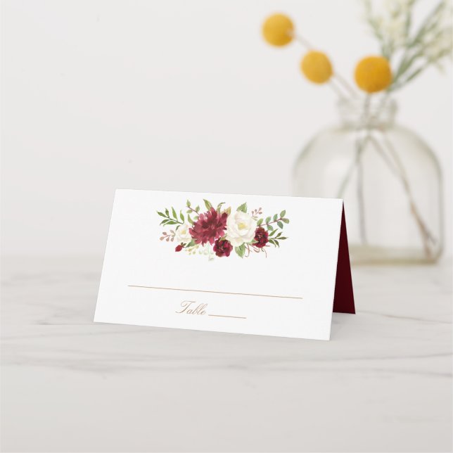 Floral Red Burgundy White Elegant Place Card (Front)