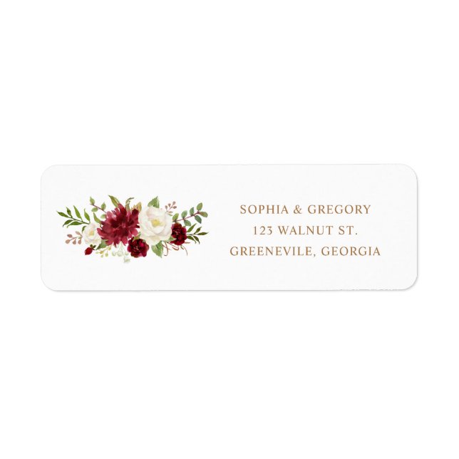 Floral Red Burgundy White Elegant Wedding Address Label (Front)