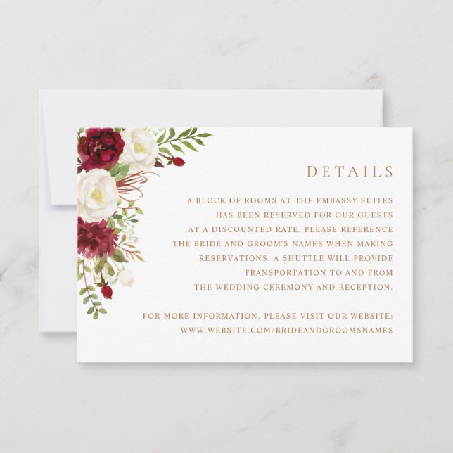 Floral Red Burgundy White Greenery Wedding Details Invitation (Front)