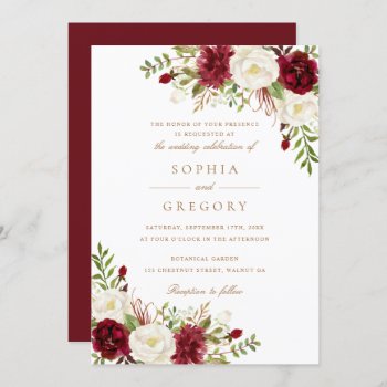 Floral Red Burgundy White Modern Elegant Wedding Invitation by HannahMaria at Zazzle