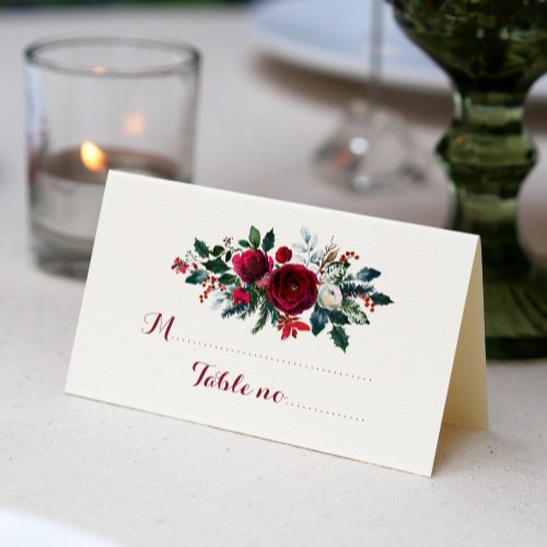 Floral red burgundy winter bouquet wedding guest place card