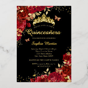 Floral Red Butterfly Elegant Gold Quinceanera Foil Invitation