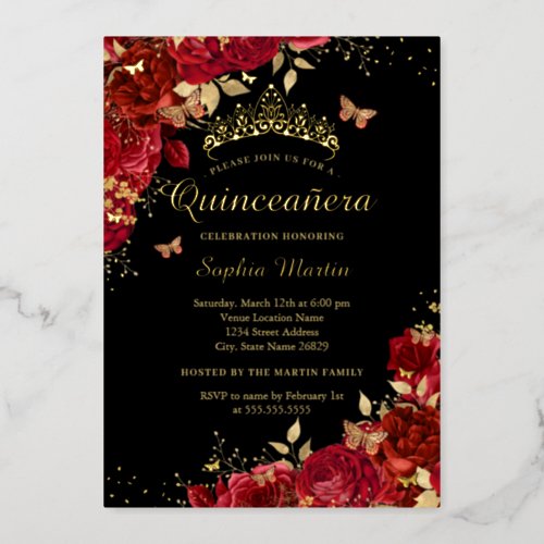 Floral Red Butterfly Elegant Gold Quinceanera  Foil Invitation