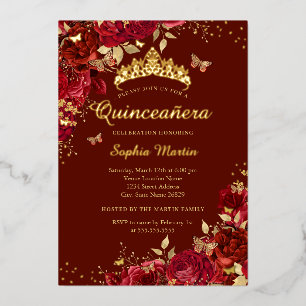 Floral Red Butterfly Elegant Quinceanera  Foil Invitation