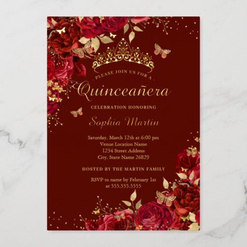 Floral Red Butterfly Elegant Quinceanera  Foil Invitation