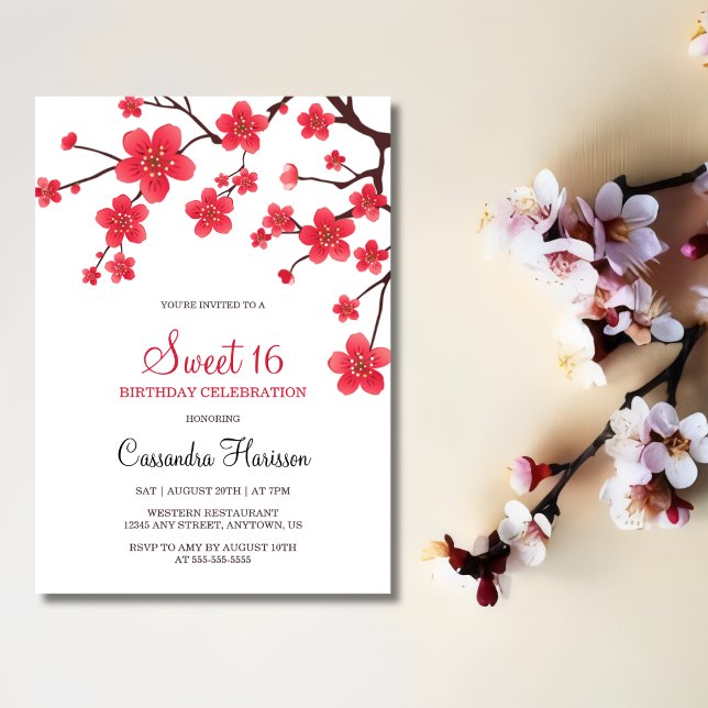 Floral Red Cherry Blossom Sakura 16th Birthday Invitation (Creator Uploaded)