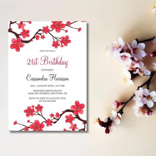 Floral Red Cherry Blossom Sakura 21st Birthday Invitation