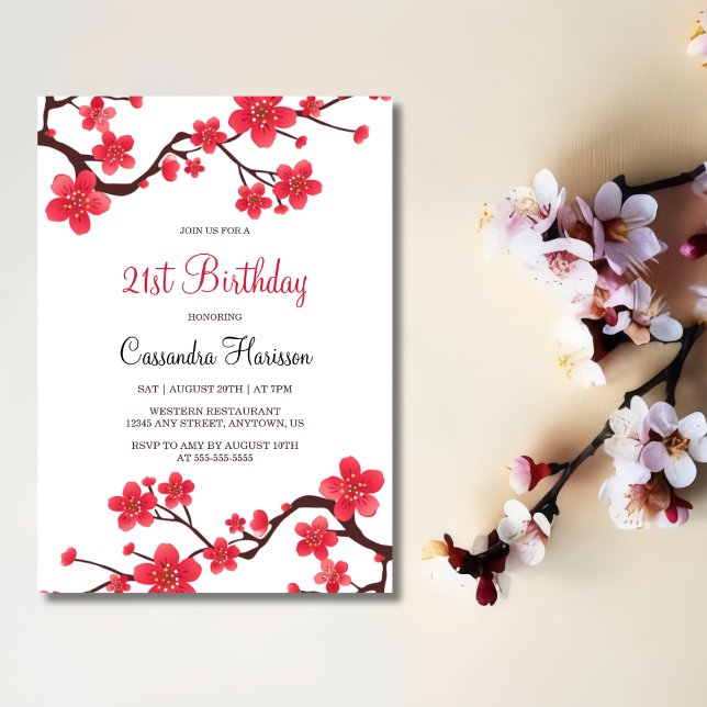 Floral Red Cherry Blossom Sakura 21st Birthday Invitation (Creator Uploaded)