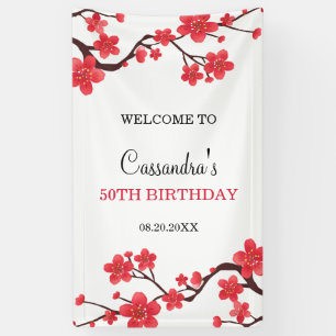 Floral Red Cherry Blossom Sakura Birthday Welcome Banner