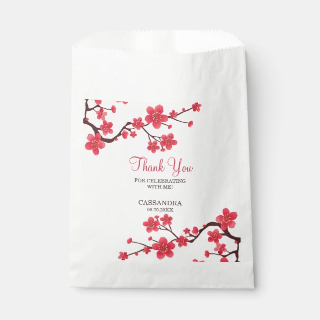 Floral Red Cherry Blossom Sakura Thank You Favor Bag (Front)