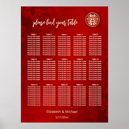 Floral Red Chinese Wedding Seating Chart