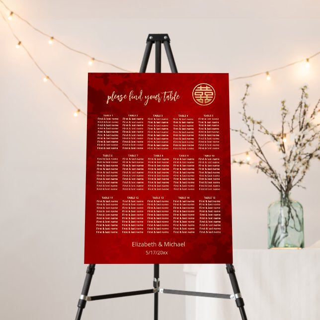 Floral Red Chinese Wedding Seating Chart Foam Board (In Situ (Stand))