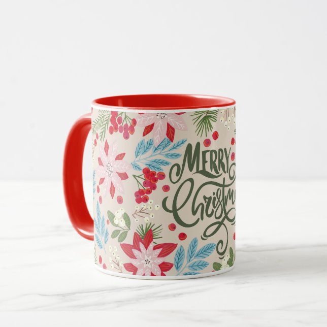 Floral red Christmas lettering Mug (Front Left)
