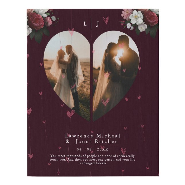 Floral Red Custom Heart shape couples photos gift Faux Canvas Print (Front)