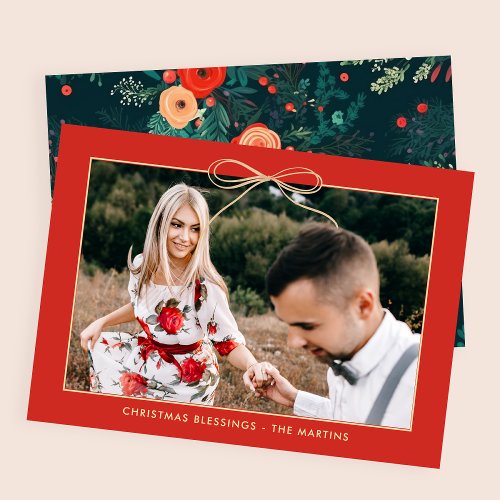 Floral Red Elegant Bow One Photo Christmas Card