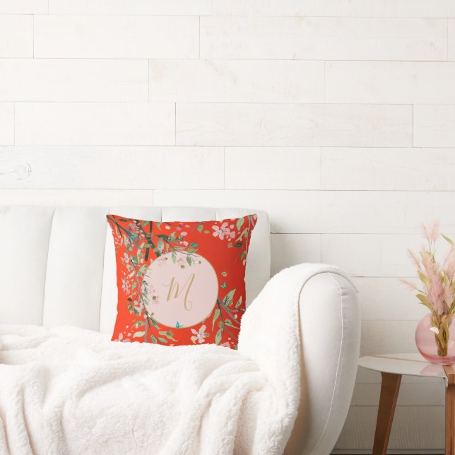 Floral Red Elegant Pink Gold Chinoiserie Throw Pillow (Couch)