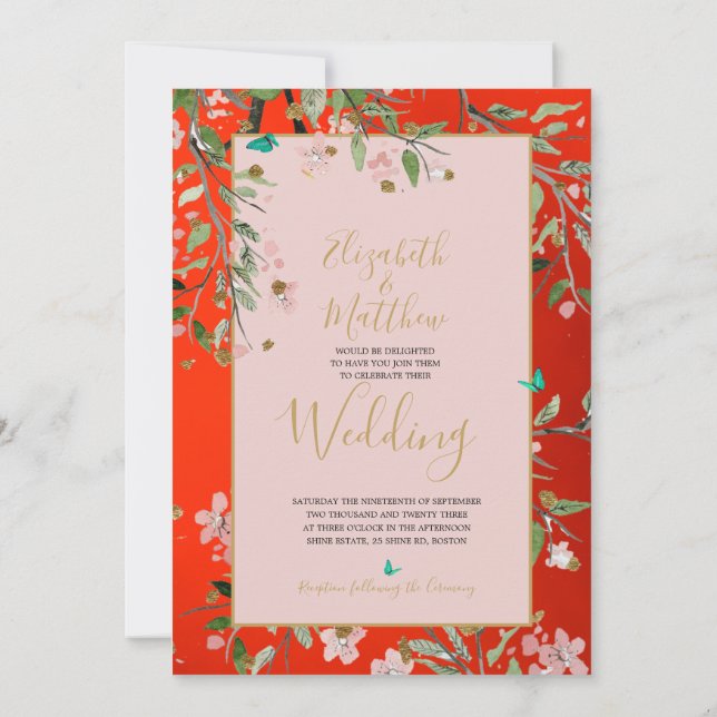 Floral Red Elegant Pink Gold Chinoiserie Wedding Invitation (Back)