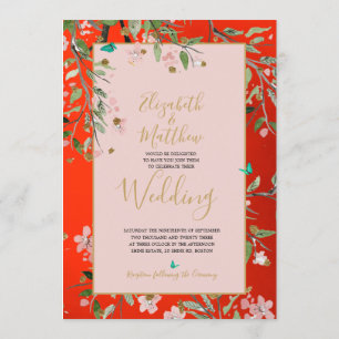Floral Red Elegant Pink Gold Chinoiserie Wedding Invitation