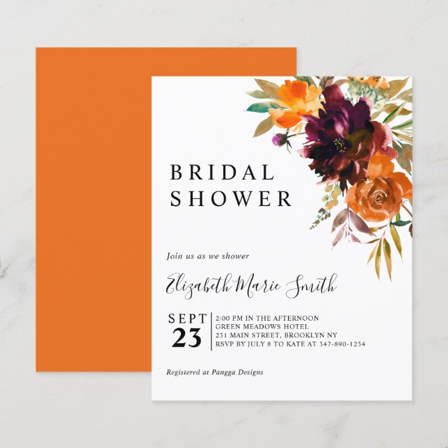 Floral Red Fall Budget Bridal Shower Invitation (Front/Back)