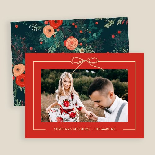 Floral Red Festive Bow Framed Photo Christmas  Holiday Card