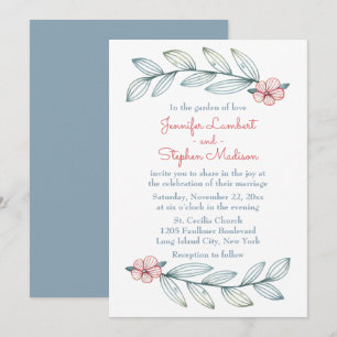 Floral Red Flower Blue Gray Leaf Boho Wedding Invitation