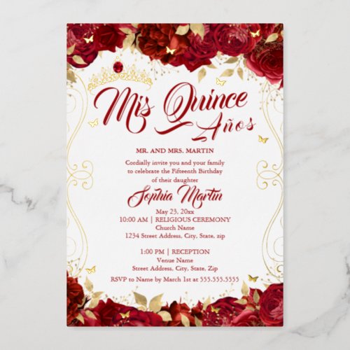 Floral Red Garden Scroll Mis Quince Quinceanera  Foil Invitation