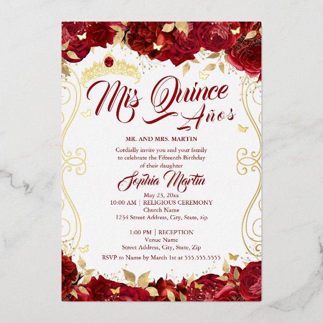 Floral Red Garden Scroll Mis Quince Quinceanera  Foil Invitation (Front)