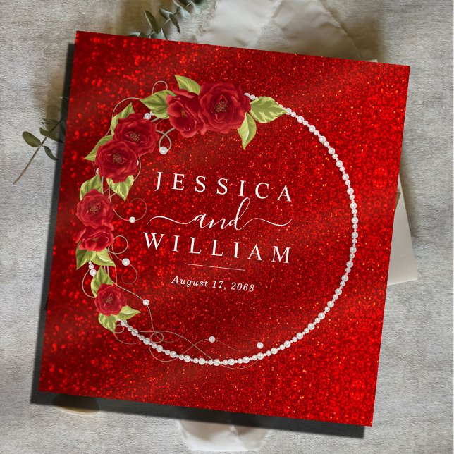 Floral Red Glitter Elegant Wedding Photo Album 3 Ring Binder (Creator Uploaded)