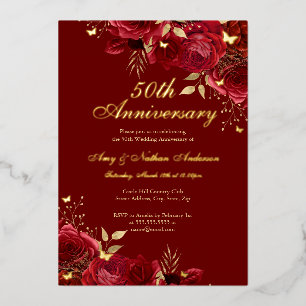 Floral Red Gold 50th Wedding Anniversary Foil Invitation
