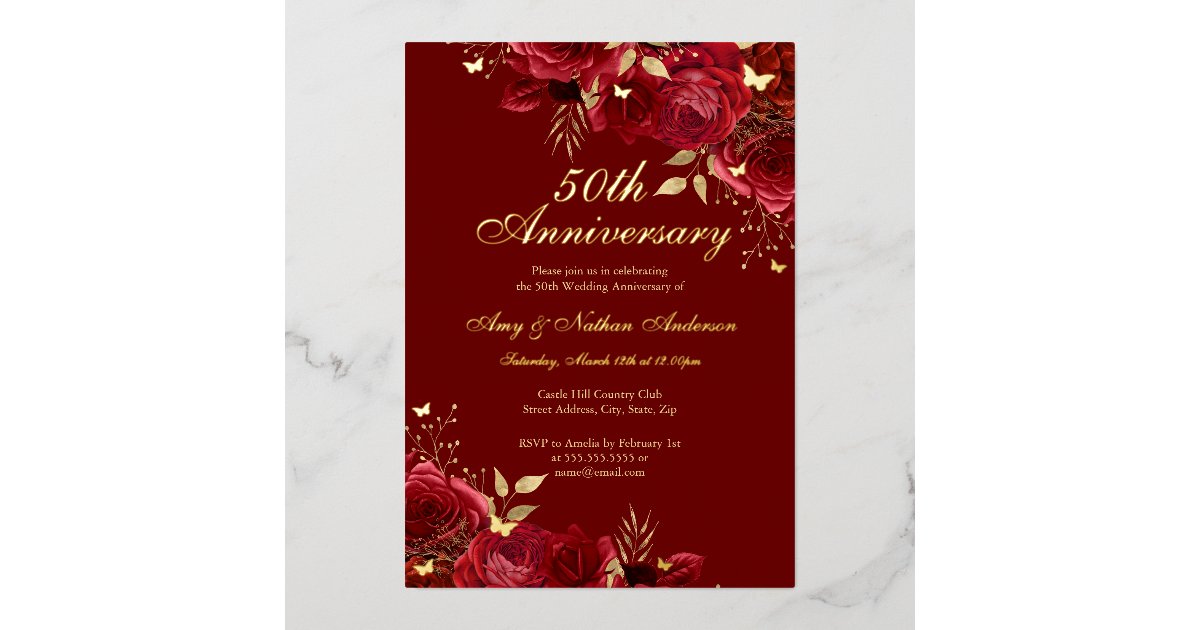 Floral Red Gold 50th Wedding Anniversary Foil Invitation | Zazzle