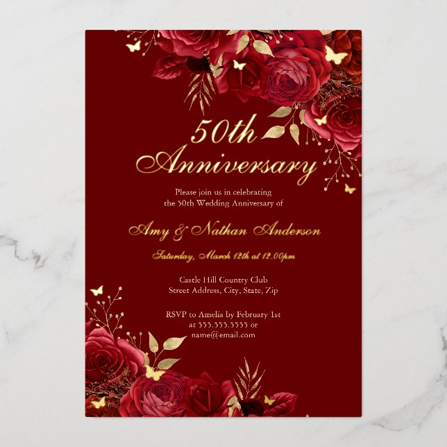 Floral Red Gold 50th Wedding Anniversary Foil Invitation (Front)