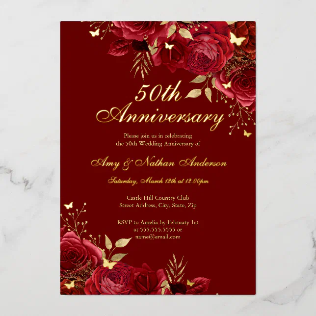 Floral Red Gold 50th Wedding Anniversary Foil Invitation | Zazzle