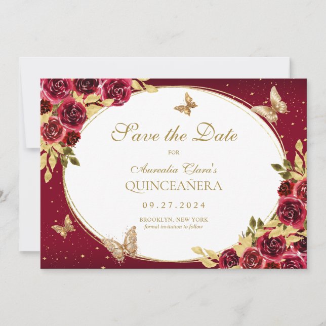 Floral Red Gold Butterfly Quinceanera Announcement (Front)