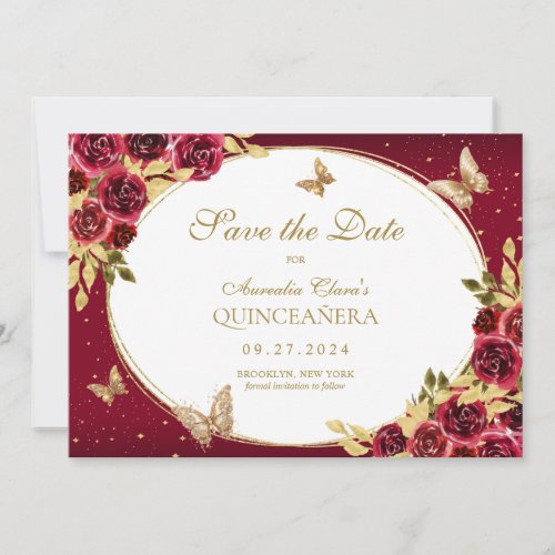 Floral Red Gold Butterfly Quinceanera Announcement