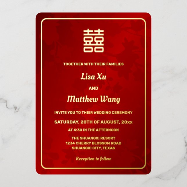 Floral Red Gold Chinese Wedding Foil Invitation (Front)