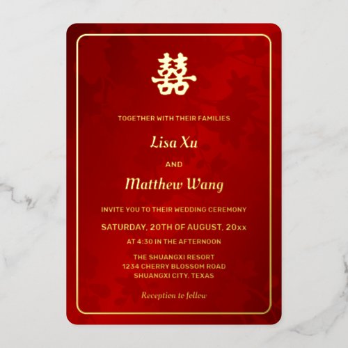 Floral Red Gold Chinese Wedding Foil Invitation